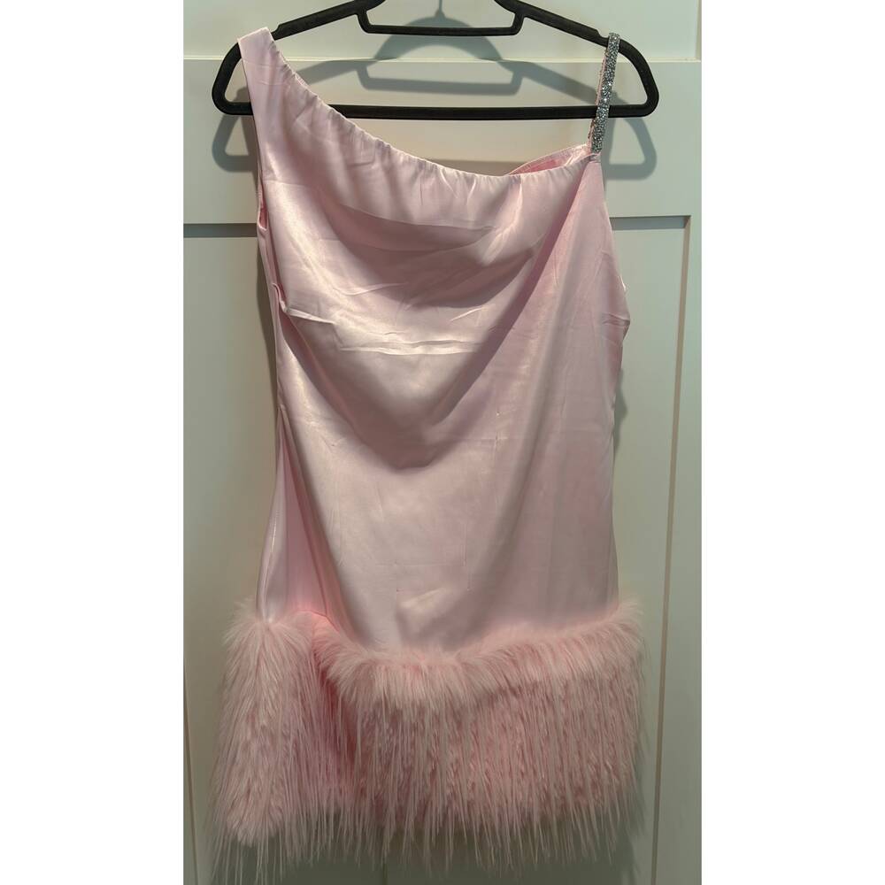 Loragal Pink Fur Dress With Rhinestone Shoulder Size L - Picture 2 of 8